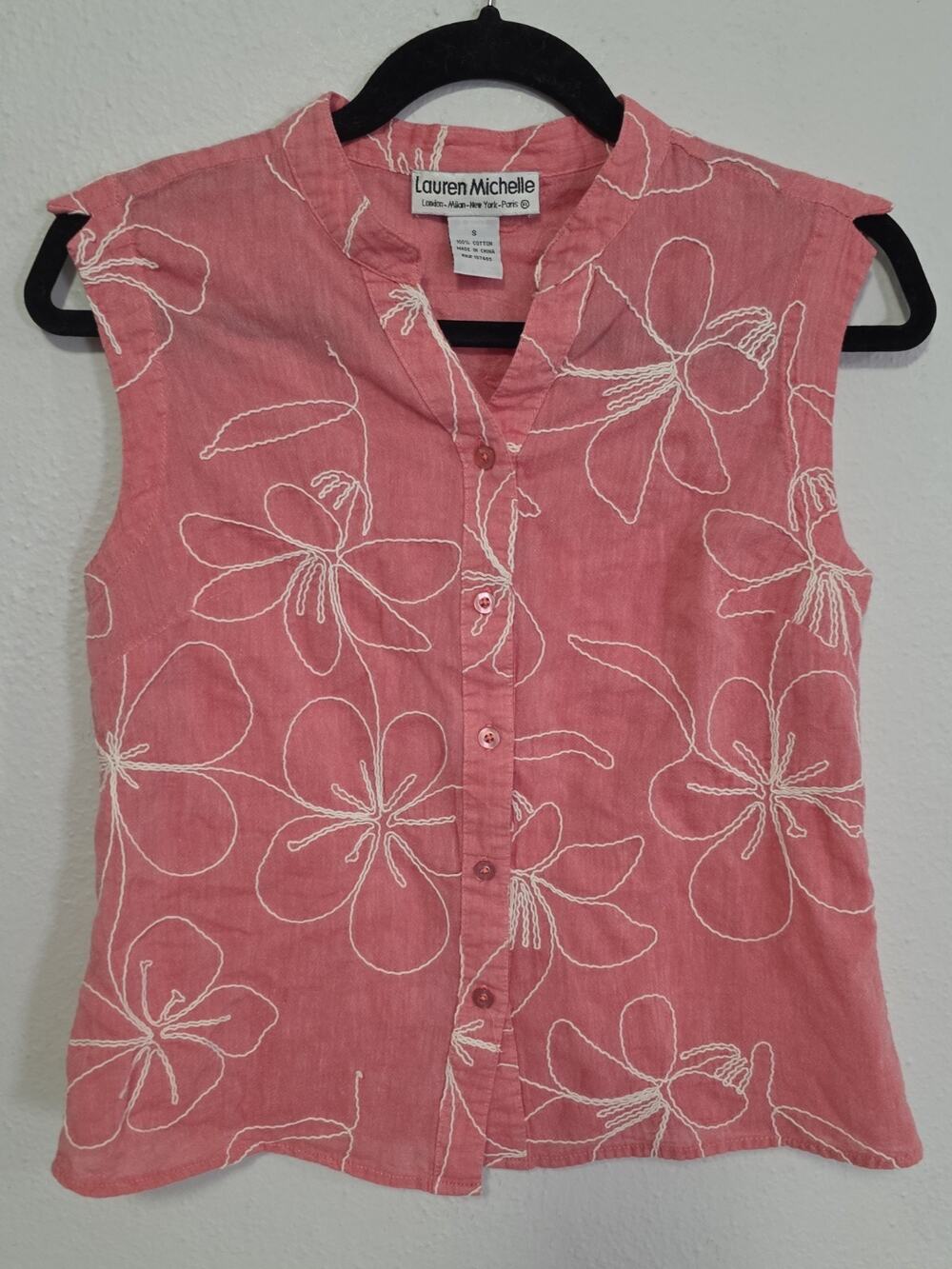 Lauren Michelle Womens Top Pink White Floral Embroidery Classic 100% Cotton Sm.